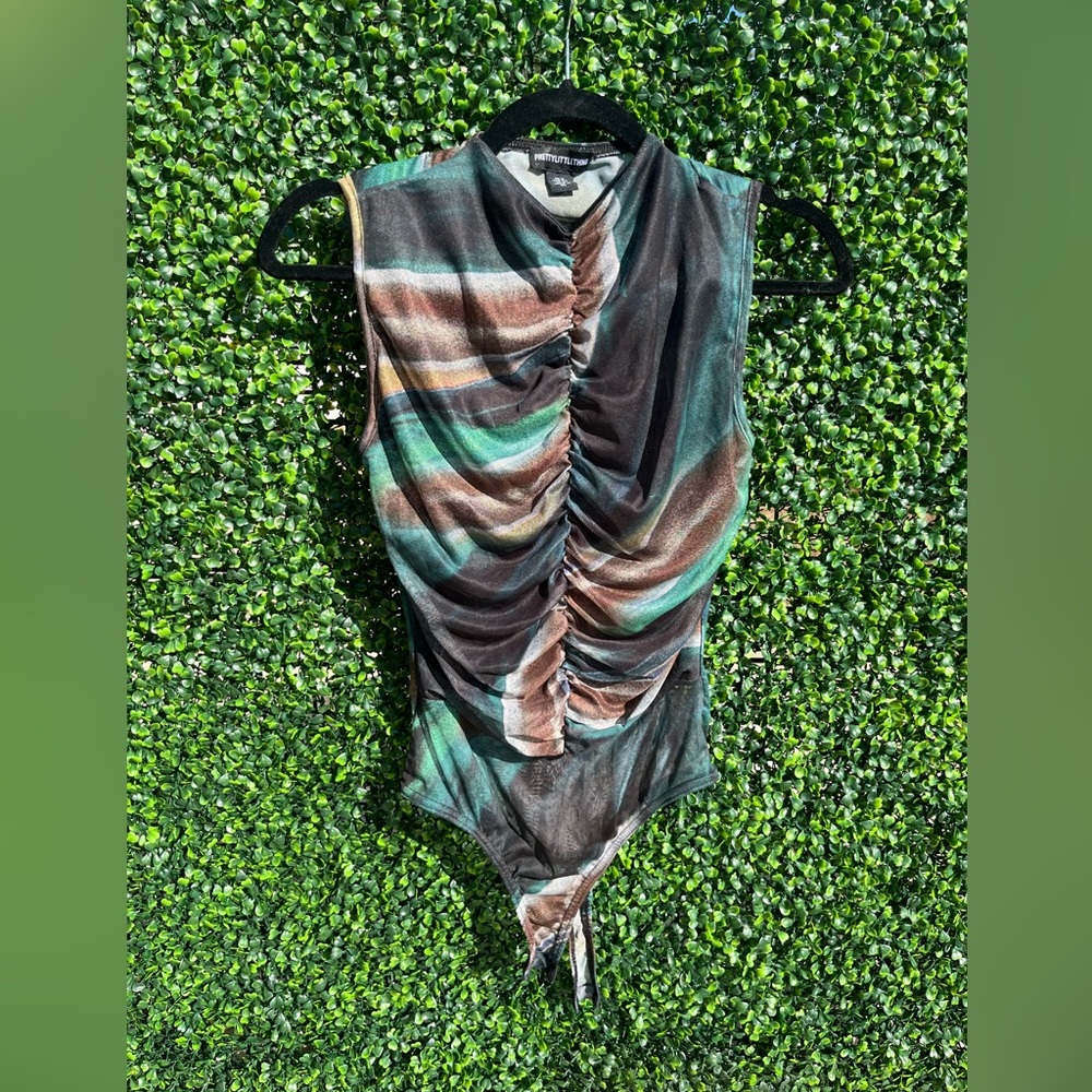 Green Abstract Ruched Bodysuit